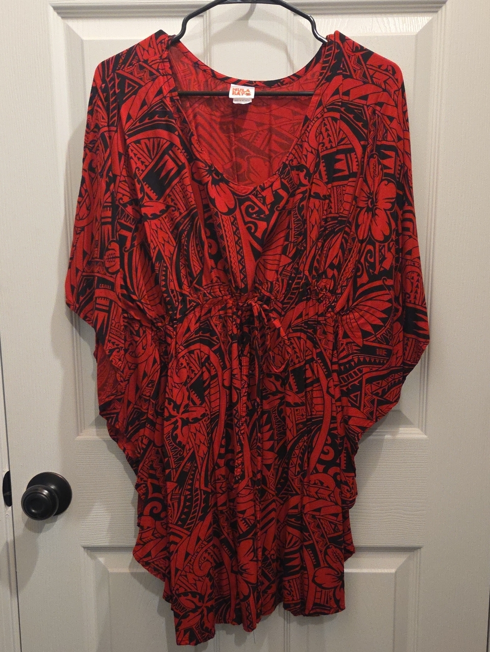 Women's Polynesian Style Red and Black Printed Tunic Top - Drawstring Waist